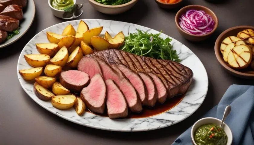 Perfekt stekt picanha med perfekt innertemperatur, serverad med klyftpotatis och gröna tillbehör.