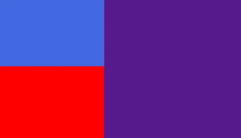 Abstrakte Komposition: Ein leuchtendes Rot und ein kräftiges Blau bilden zwei Quadrate nebeneinander. Daneben ein großes, dunkles Violett, das die Farben zu mischen scheint.