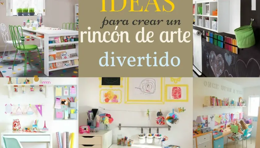 Ideas para crear un rincón del arte divertido, con mesas, sillas, pizarras y materiales de arte organizados.