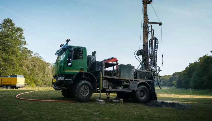 Ciężarówka z wiertnicą na działce, gotowa do wiercenia studni. Tak można znaleźć wodę na działce.
