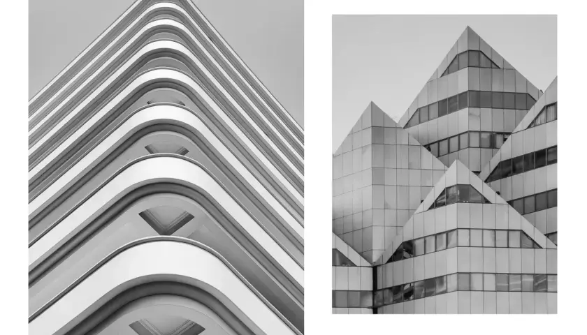 Dwie fotografie budynków: jeden z zaokrąglonymi balkonami, drugi o geometrycznych, ostrych kształtach.