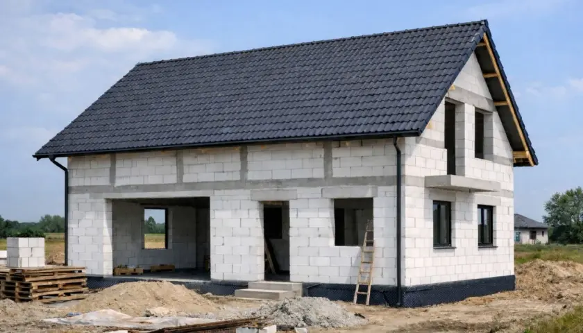 Dom w budowie z betonu komórkowego, najtańszy materiał na budowę domu. Dach pokryty ciemną dachówką, okna i drzwi jeszcze nie zamontowane.