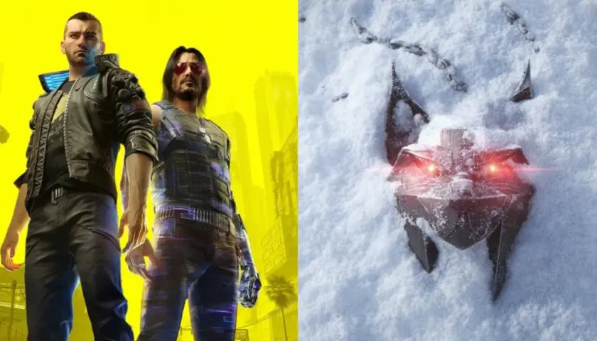 Dwie postacie z gry Cyberpunk 2077 od CD Projekt RED na tle żółtego miasta i mechaniczny wilk z czerwonymi oczami w śniegu.