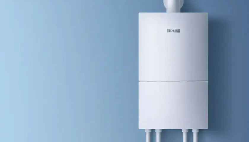 Bojler elektryczny 50l na niebieskiej ścianie. Zastanawiasz się, ile prądu zużywa bojler elektryczny 50l?