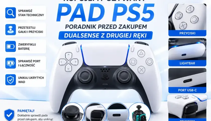 Poradnik kupna używanego pada PS5. Sprawdź stan techniczny, baterię i porty, by uniknąć wad.