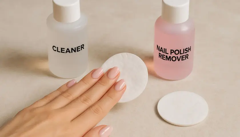 Dłoń z paznokciami w pastelowym kolorze obok buteleczek z napisem "CLEANER" i "NAIL POLISH REMOVER". Czy bazę trzeba przemywać cleanerem?