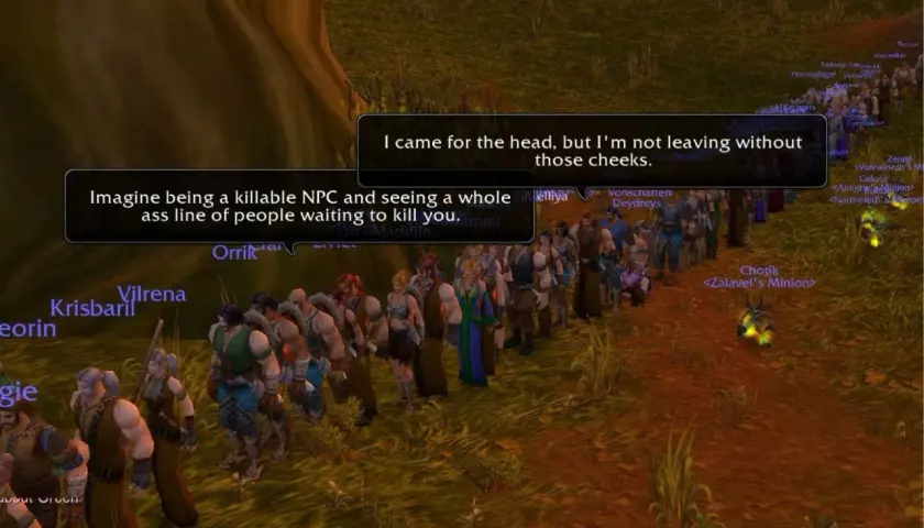 Długa kolejka graczy w grze, czekających na zabicie NPC. Humorystyczne dialogi sugerują, że to część "burning crusade".