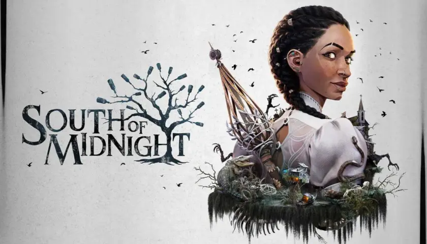 Kobieta z warkoczem i tajemniczym naszyjnikiem, obok drzewa z butelkami i napisem "South of Midnight". W tle kościół i aligator.