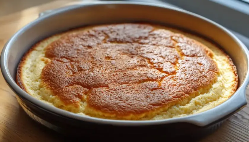 En gyllene ugnspannkaka i en rund form, redo att serveras. Ett perfekt ugnspannkaka recept för en mysig fika.