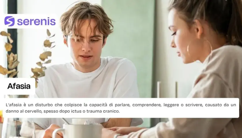 Afasia: il suo significato. Un giovane e una ragazza discutono, mentre una didascalia spiega che l'afasia è un disturbo del linguaggio causato da danni cerebrali.