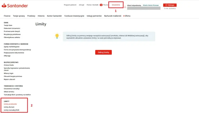 Ustawienia konta Santander: zarządzanie limitami transakcji, przelewów i kart. Możliwość odkrycia i edycji limitów.