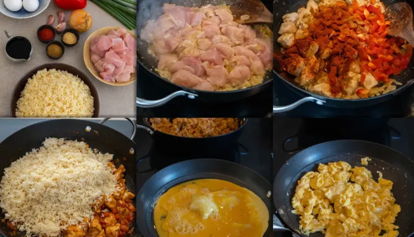 Steg för steg hur man gör arroz chaufa: kyckling steks, kryddas med paprika, ris tillsätts, ägg steks och blandas.