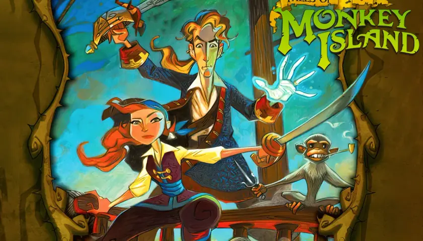 Postacie z gry "Tales of Monkey Island" - Guybrush Threepwood, Elaine Marley i małpa z fajką, w dynamicznej scenie z szablami.