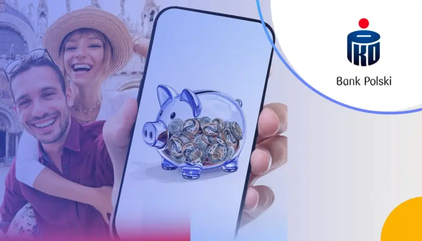 Szczęśliwa para na tle Wenecji, trzymająca smartfon z skarbonką pełną monet. PKO Bank Polski wspiera Twoje marzenia.