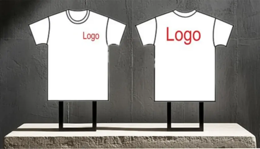 Zwei weiße T-Shirts mit roten Logos, eines vorne, eines hinten, auf dunklem Hintergrund.