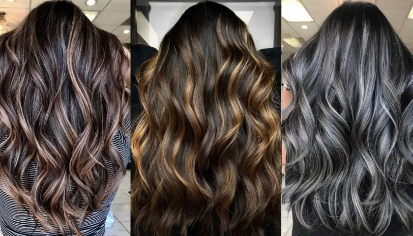 Tres estilos de mechas para morenas oscuras: rubias ceniza, miel y plateadas.