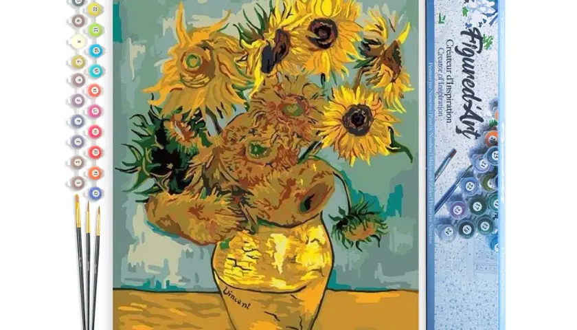 Un kit de pintura por números con girasoles al estilo de Van Gogh, incluyendo pinceles y botes de pintura numerados.