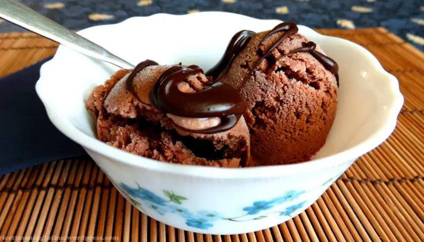 Due palline di gelato al cioccolato vegano, guarnite con sciroppo al cioccolato, in una ciotola bianca con fiori azzurri.