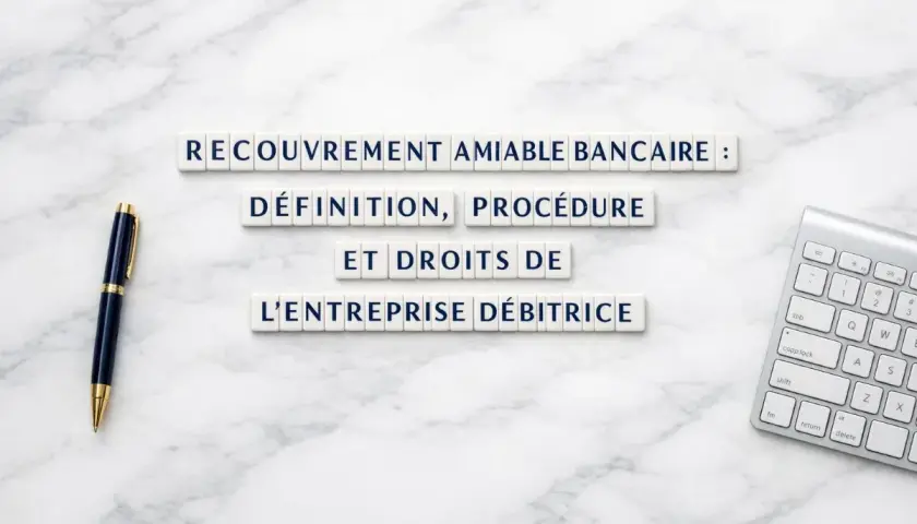 Lettres formant "Recouvrement amiable bancaire : définition, procédure et droits de l'entreprise débitrice". Stylo et clavier à proximité.