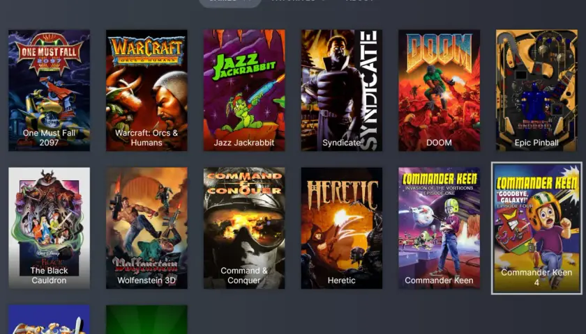 Gry uruchamiane przez dosbox: One Must Fall 2097, Warcraft, Jazz Jackrabbit, Syndicate, DOOM, Epic Pinball, The Black Cauldron, Wolfenstein 3D, Command & Conquer, Heretic, Commander Keen.