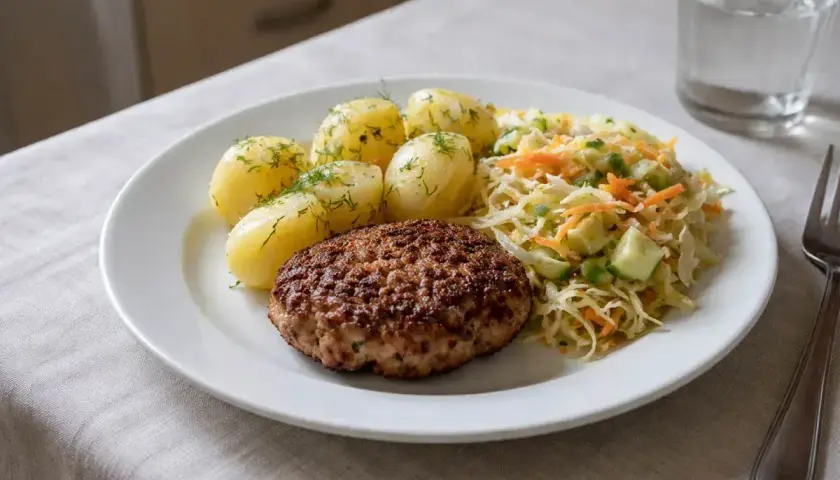 Smaczne obiady domowe przepisy: kotlet mielony, ziemniaki z koperkiem i surówka z kapusty.
