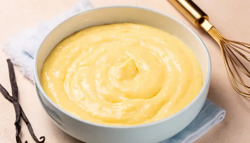 Un bol de crème pâtissière onctueuse, parsemée de points de vanille, avec des gousses de vanille et un fouet doré à proximité.
