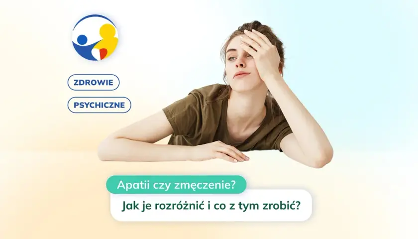 Zmęczona kobieta opiera głowę na dłoni, obok logo i napisy "Zdrowie psychiczne".