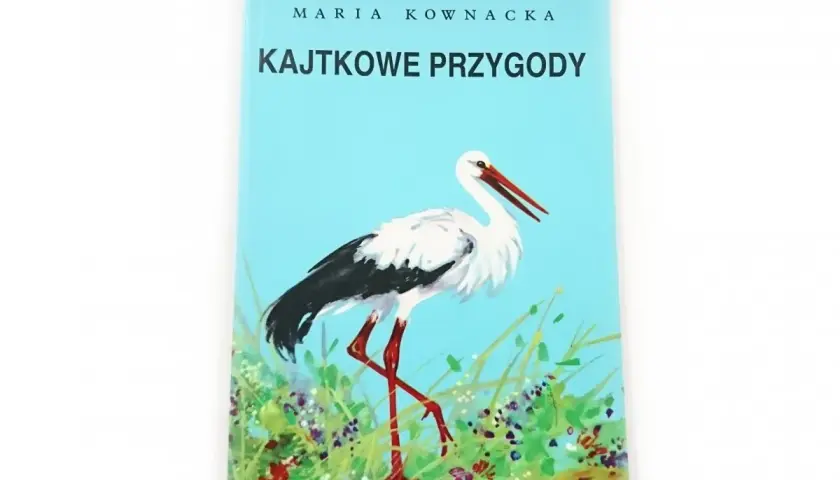 Okładka książki "Kajtkowe przygody" Marii Kownackiej z bocianem na tle nieba i łąki.