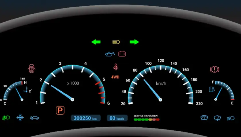 Panel de control de coche con velocímetro, tacómetro, indicador de combustible y el símbolo líquido de frenos.