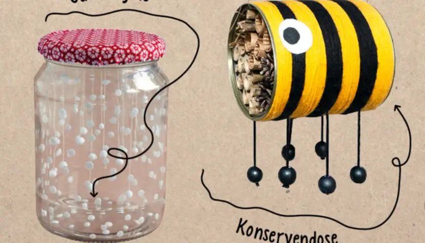Upcycling basteln: Ein leeres Gurkenglas mit Deckel und eine mit Holz gefüllte Konservendose, die wie eine Biene bemalt ist.