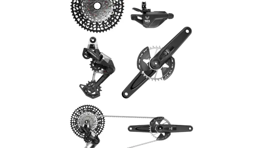 Comparing SLX vs XT: A bicycle drivetrain with a cassette, derailleur, chain, shifter, and crankset.