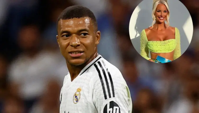 Kylian Mbappé w koszulce Realu Madryt i kobieta w limonkowym topie w okręgu.