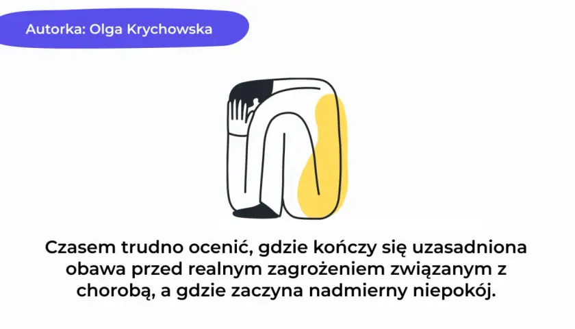 Ilustracja przedstawia skuloną postać, symbolizującą nerwicę lękową objawy. Nadmierny niepokój może być trudny do odróżnienia od uzasadnionej obawy.