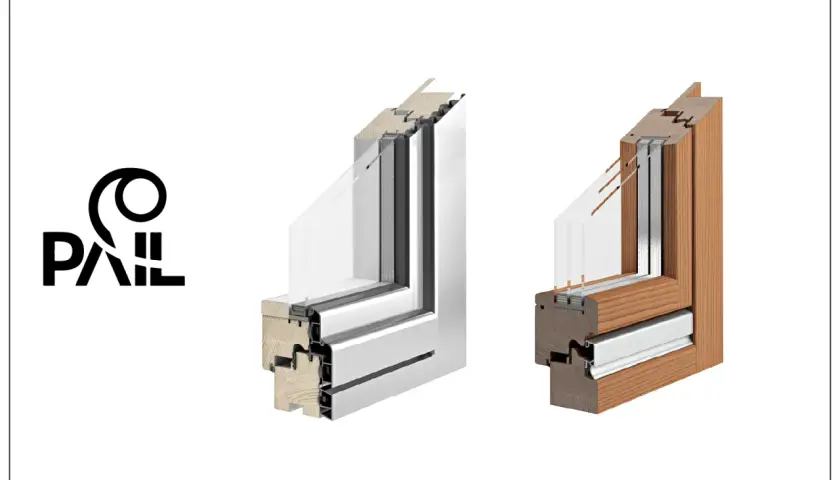 Sezioni di infissi legno alluminio: uno bianco moderno, l'altro in legno naturale. Diverse finiture e colori disponibili.