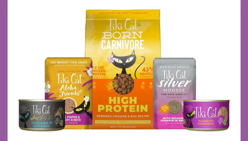 Is Tiki Cat food good? This image showcases various Tiki Cat products, including dry food and wet food cans, suggesting a focus on high-protein, grain-free options for cats.