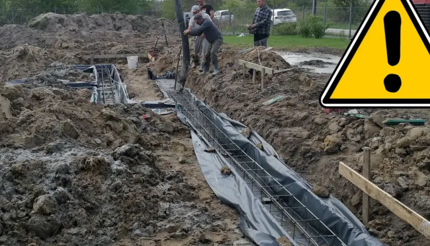 Budowa trwa: betonowanie ław fundamentowych. Pracownicy wylewają beton do wykopu z zbrojeniem.
