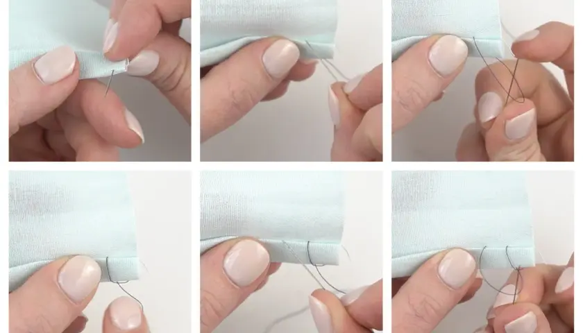 Hands demonstrate how to sew a hem with a needle and thread, showing each step of the stitch.