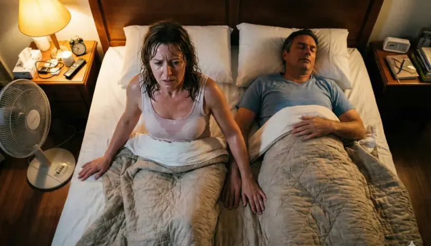 Una donna sudata e angosciata in un letto, mentre un uomo dorme serenamente. Le buone abitudini al mattino iniziano con un sonno riposante.