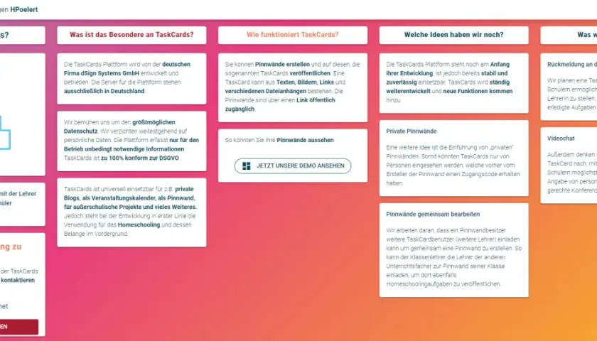 TaskCards: eine kostenlose Padlet-Alternative für Lehrer. Erstellen Sie Pinnwände für Aufgaben, Projekte und Homeschooling. DSGVO-konform.