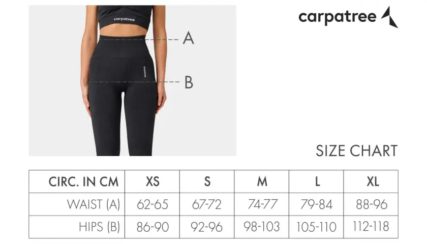 Tabela rozmiarów dla damskich dresów Carpatree. Wymiary w centymetrach dla talii (A) i bioder (B) w rozmiarach XS-XL.