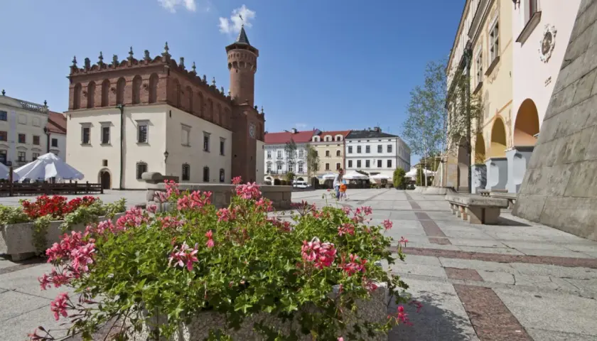 Tarnów atrakcje: Rynek z ratuszem i kamienicami, kwitnące pelargonie tworzą malowniczy widok.