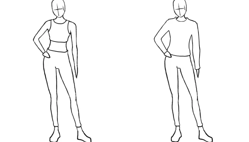 Dibujo maniquí con ropa deportiva, uno con top y mallas, el otro con camiseta y mallas.