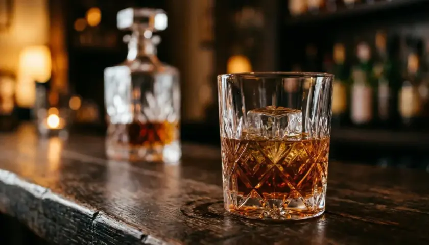 Szklanka z lodem i whisky na drewnianym blacie. W tle karafka, sugerująca różne rodzaje whisky.