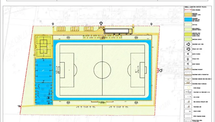 Projekt boiska piłkarskiego we Wrocławiu z boiskiem głównym, boiskiem do siatkówki plażowej i innymi obiektami sportowymi.