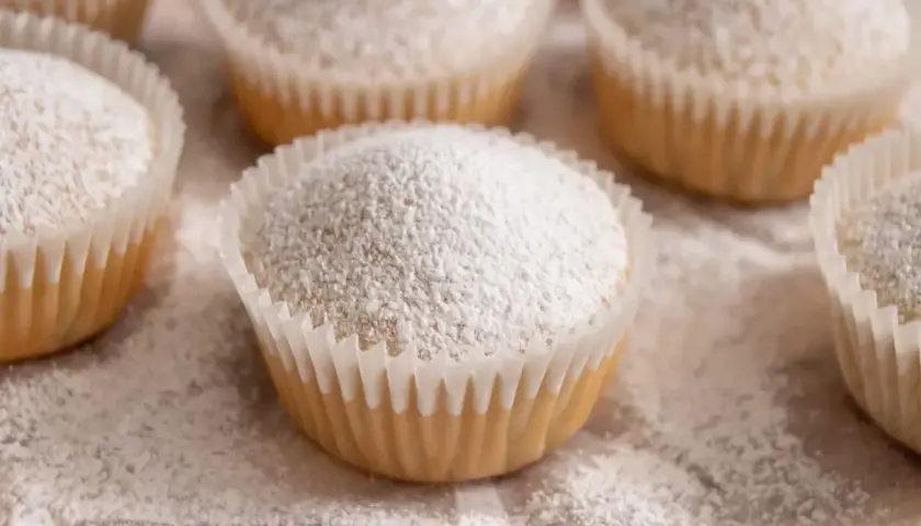 Muffin senza uova, soffici e dolci, cosparsi di zucchero a velo. Perfetti per una colazione leggera o una merenda golosa.