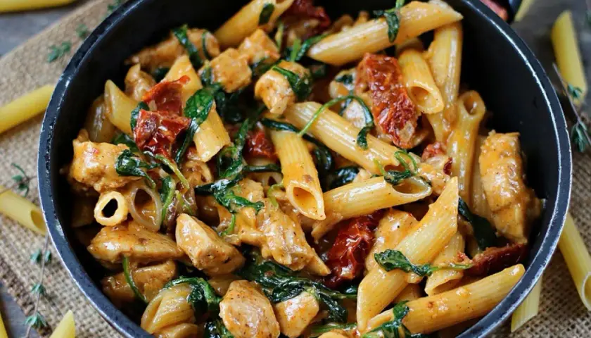 Penne z suszonymi pomidorami i kurczakiem - szybki przepis na obiad