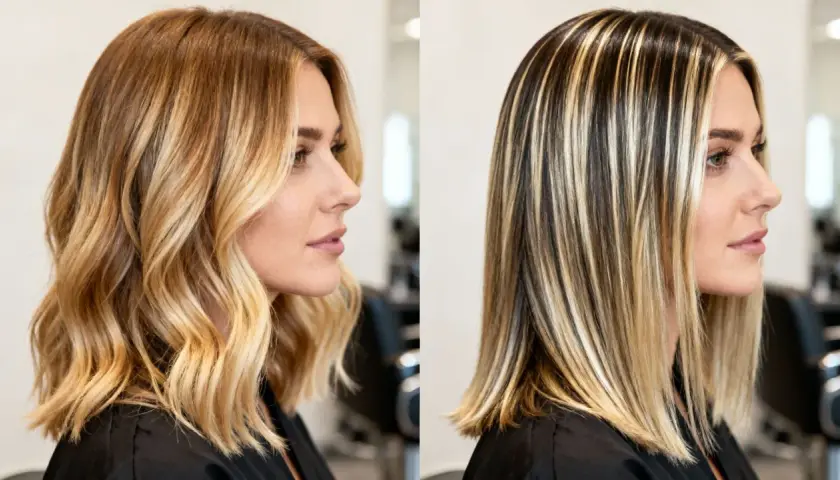 Dos looks de cabello: uno con ondas rubias y otro liso con balayage caramelo y mechas marcadas.