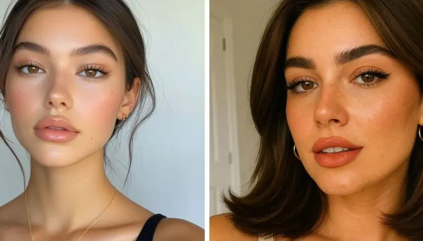 Dos mujeres con un look de soft glam makeup. Piel radiante, labios jugosos y mirada sutilmente realzada.