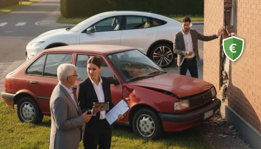 Incidente stradale con auto danneggiata e muro abbattuto. Un uomo e una donna valutano i danni, forse per un **aumento assicurazione auto**.