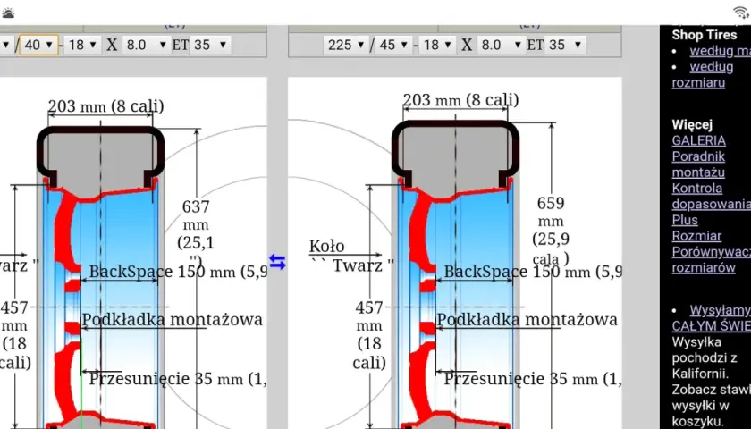 Porównanie rozmiarów opon dla Skoda Octavia 3: 225/40 R18 vs 225/45 R18. Różnice w średnicy koła i ET.